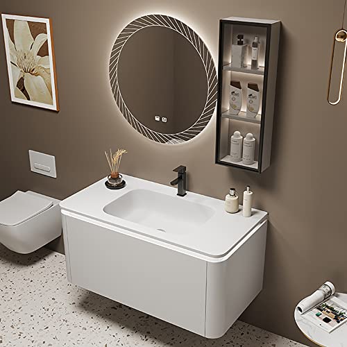 Bathroom Cabinet Set Furniture Intelligent Mirror Combination Creamy Round Edge Bathrooms Vanity With Skin-Like Beautiful Stone Integrated Basin Wash (110Cm) #TOP2
