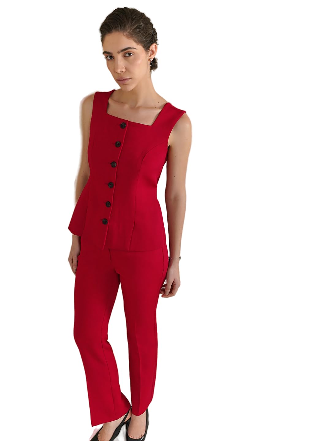 fablestreet Women Formal | Slim Fit Waistcoat with Square Neck & Sleeveless Design | Solid Red with Button Detail | Smooth Woven Fabric for Office & Business Casual Wear-picture-6