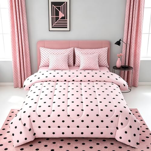 Feelyou Black Pink Polka Dots Comforter Set with Sheets 7 Piece Twin Size Polka Dots Bedding Set for Kids Boys Girls Princess Bed in a Bag Room Decor Soft Lightweight Microfiber
