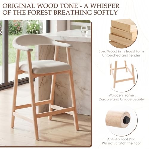 Image of 26 inch Bar Stools Set of 2, Upholstered Counter Stools, Modern Linen Counter Height Bar Chairs with Backs and Arms, Wood Legs and Footrest, for Kitchen Counter, Island, Dining Room, Beige