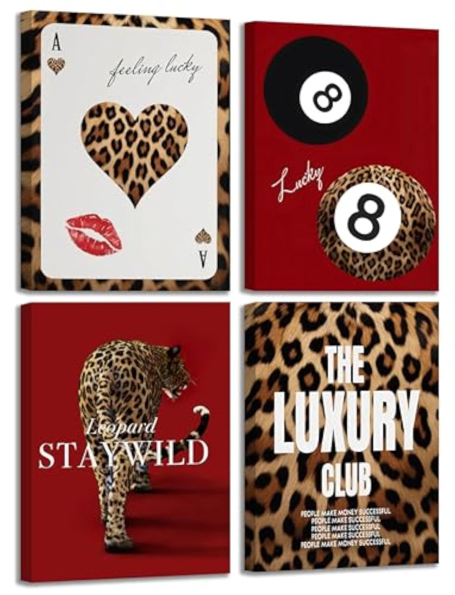 4Pcs Red Trendy Leopard Canvas Wall Art, Wild Cheetah Decor