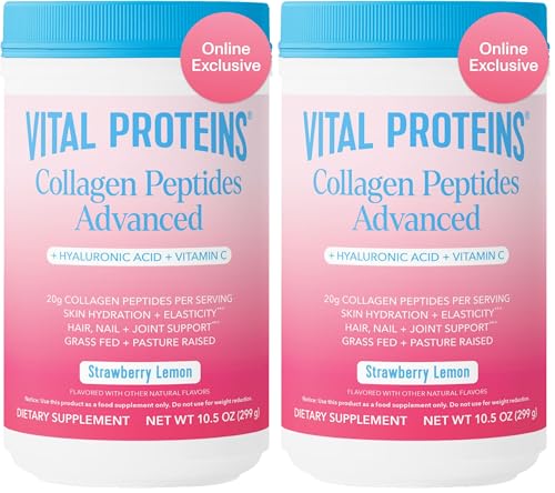Vital Proteins Collagen Peptides Advanced with Hyaluronic Acid & Vitamin C, Strawberry Lemon 10.5oz (2-Pack)