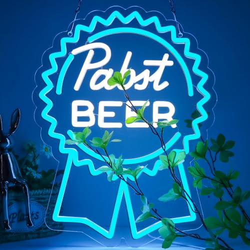 Image of AHlove Pabst Beer Neon Signs for Wall Decor,LED Neon Lights Suitable for Man Cave Bar Pub Restaurant Christmas Gift Art 5V Power Adapter, 12 * 15Inch(sky blue+white)