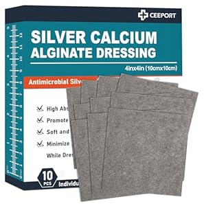 Ag Silver Calcium Alginate Wound Dressing Pads, 4”x4” Patches, 10 Individual Pack, Soft Silver Dressings for Wound Care, Gentle Highly Absorbent Dressing, Non Stick Gauze Pads for Wounds