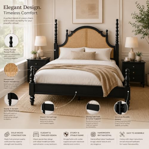 Image of Solid Sheesham Wood Poster King Size Poster Honeymoon Bed Without Storage with Designer Piller and Cane Crafting