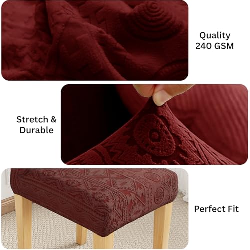 Image of Lukzer Elastic Dining Chair Cover - 2PC Pastel Deep Maroon Tribal | Textured High Stretch Jacquard Seat Cover | Removable Washable Short Dining Chair Cover Protector Seat Slipcover | (CC-135-2)