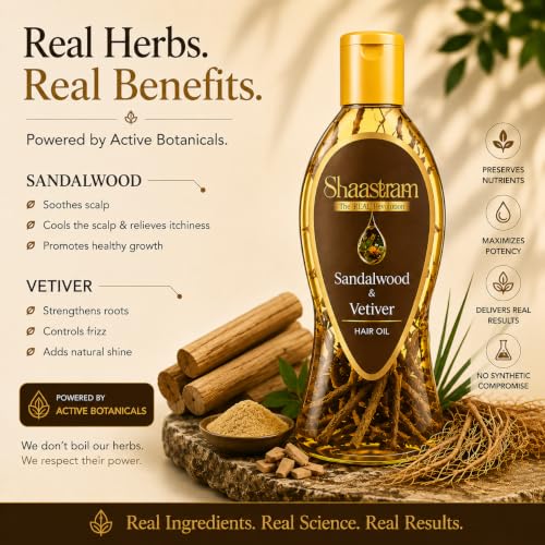 Image of Sandalwood & Vetiver Herbal Hair Oil (works like a serum) with Neem Comb | Lightweight Leave-On Oil with Active Botanical Infusion | Helps Cool Scalp, Relieve Itchy & Dry Scalp, Strengthen Roots & Control Frizz | Non-Sticky Hair Oil | 180 ml