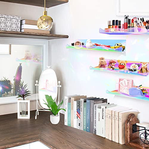 DILIBRA 4 Packs Iridescent Acrylic Floating Shelves, 15.7 Inch Clear Acrylic Display Shelf Wall Mounted, Invisible Set up for Funko Pop Display Shelves Wall Ledge Bookshelf for Kids Room Bathroom Dorm