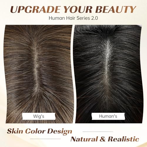 Image of KKU 16 Inch Ombre Brown Human Hair Wigs for Women, Straight Human Hair Wig with Bangs,Remy Human Hair Wigs,Daily Wig
