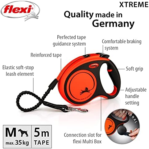 Flexi Xtreme Tape Orange & Black Medium 5m Retractable Dog Leash/Lead for dogs up to 35kgs/77lbs
