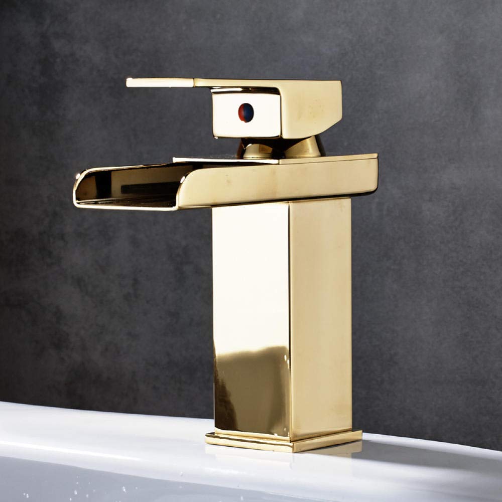 ASerZenith Gold Polished Solid Brass Bathroom Waterfall Spout Basin Faucet Single Handle Mixer Tap Deck Mounted