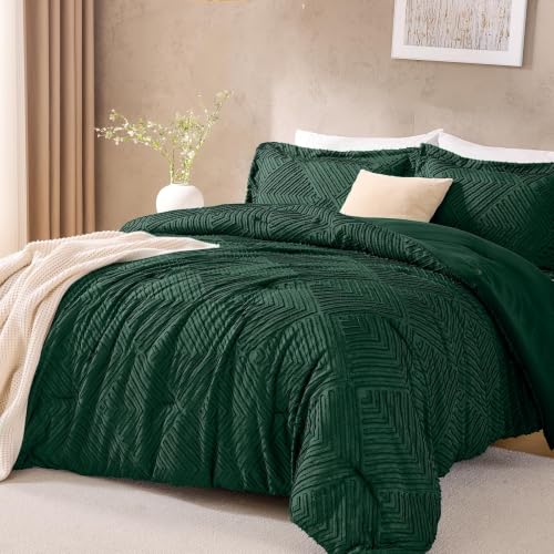 JOLLYVOGUE Emerald Green Queen Comforter Set, Boho Tufted Bedding Set 3-Piece, Ultra Soft Prewashed Microfiber, Includes 1 Comforter & 2 Pillow Shams