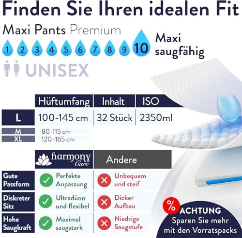 Harmony Care ® MAXI saugstarke Windelhosen für Erwachsene – diskrete Inkontinenz Pants für Frauen und Männer - Windeln für Erwachsene, Gr.L - 8 Stück Testpack
