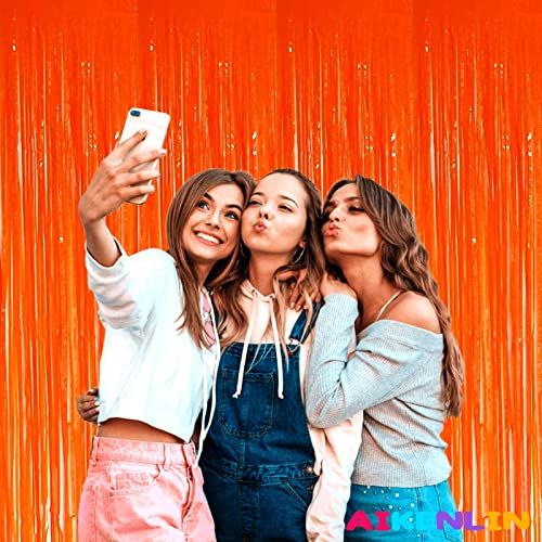 Image of 4 Pack 3.2Ft x 8.2Ft Orange Foil Fringe Curtain Backdrop, Metallic Tinsel Foil Fringe Streamers Curtains Background for Photo Booth, Birthday, Wedding, Halloween, Christmas Party Decoration
