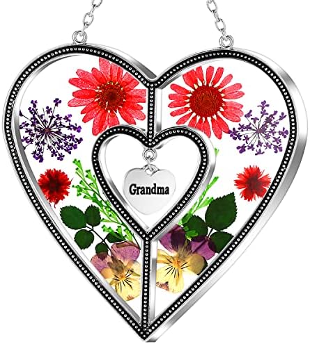 KY&BOSAM Heart Suncatchers Grandma Gift Ornament Stained Glass Sun Catcher Garden hangings Windows with Pressed Flower Heart Embedded in Glass Gifts for Grandma Mother`s Day Birthday Gifts