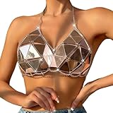 Rhinestone Mesh Top Shirt Crystal Bra Body Chain Festival Rave Crop Tank Top Sexy Lingerie Beach Underwear for Women Rose Gold