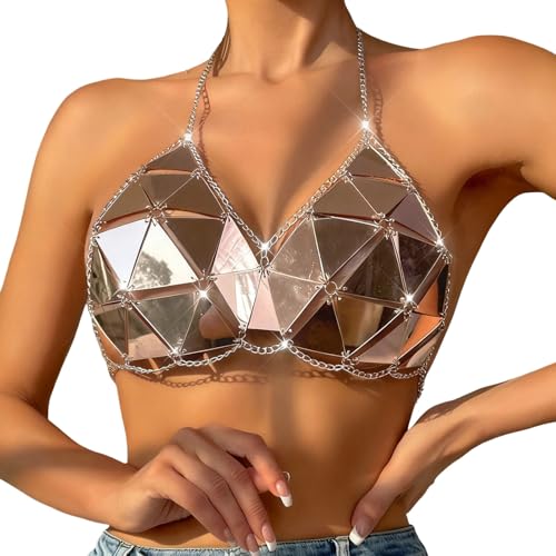 Rhinestone Mesh Top Shirt Crystal Bra Body Chain Festival Rave Crop Tank Top Sexy Lingerie Beach Underwear for Women Rose Gold
