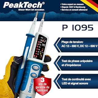 PeakTech 1095 – Testeur de Tension AC/DC 2 Pôles, Affichage LED, Résistant à la Poussière et aux Éclaboussures (IP64), Testeur de Continuité, Voltmètre 12V - 690V