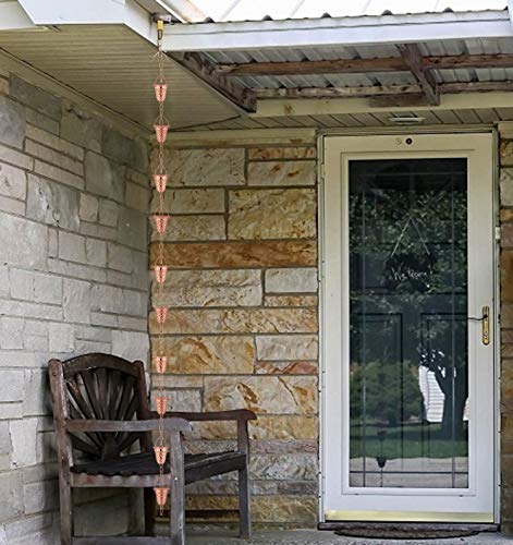 Marrgon Copper Hammered Rain Chain – Decorative Chimes & Cups Replace Gutter Downspout & Divert Water Away from Home for Stunning Fountain Display – 6.5’ Long for Universal Fit – Bell Style