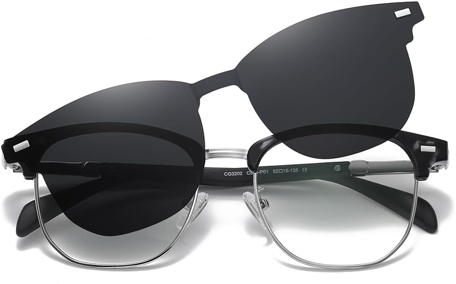 ZAMGIC Blue Light Blocking Glasses with Polarized Clip On Sunglasses Lenses for Men Women Magnetic Multi-use Metal Frame Black/Silver