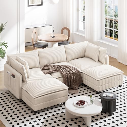 Image of Vesgantti 109 inch U Shaped Cloud Sectional Sofa, Comfy Corduroy Upholstered Sectional Modular Sofas for Living Room, Modern Modular Couch with 2 Ottoman Deep Seat, Beige