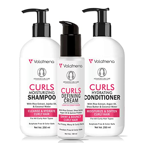 Image of Volamena Curly Hair Care Combo Kit with Shampoo, Hair Conditioner and Hair Cream Set of 3 For Hair Curls || Men & Women | Valentine Gift Box