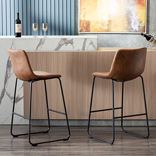Restworld Counter Height Bar Stools,Vintage Pu Leather Chairs,Coffee Kitchen Room With Metal Legs Upholstered Chairs,Set Of 2,Gold Brown #TOP7