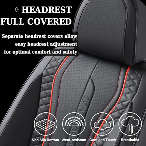 Image of Coverado Car Seat Covers for Front Seat, Leather Seat Covers for Cars, Front Seat Covers, Waterproof Car Seat Protectors Car Seat Cushions Universal for Most Vehicles, Black&Redline
