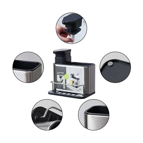 Dispensador de Sabão Líquido com Bandeja Em Aço Inox, Porta Detergente E Esponja 3 Em 1