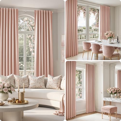 HOMEIDEAS 100% Blackout Faux Silk Curtains,Blush Pink Thermal Insulated Room Darkening Window Drapes,Luxury Vintage Curtains for Bedroom Living Dining Room, 52 X 84 Inch, 2 Panels — view 2