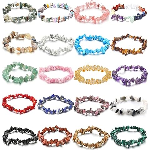 SAMOCO 20 PCS Natural Gemstone Bracelets Chakra Crystal Irregular Chips Beads Stretch Bracelets for Women Align Chakras Promote Communication Cover