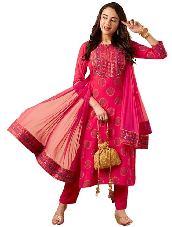 Womens Printed Rayon Bandhani Print Floral Embroidered Kurta Pant and Dupatta Set for Women