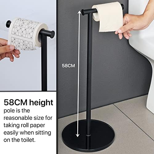 Sayayo Toilet Roll Holder Free Standing Black Toilet Paper Holder for Bathroom, SUS304 Stainless Steel Poles and 12MM Extra Thick Tempered Glass Round Base with Additional Hook Design, EGKN220LD-B