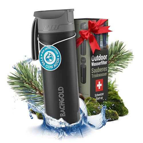 Bachgold® Botella filtro purificador para exterior [650ml] capacidad de filtrado 1500 L I Elimina el 99,99% de las bacterias y filtra virus, partículas y metales pesados I Para situaciones críticas