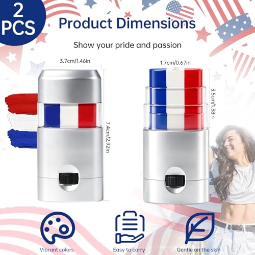 Patriotic Red White Blue Face Paint Stick Makeup for 4th of July, Sports & Events Easy Face & Body Paint for Baseball, Softball & 4th of July Accessories for Women Independence Day Stick (2 PCS)