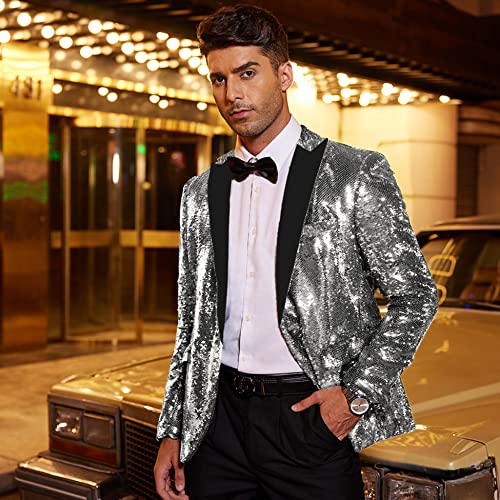 COOFANDY Shiny Sequins Suit Jacket Blazer One Button Tuxedo for Party,Wedding,Banquet,Prom,Nightclub,Silver Grey,XX-Large