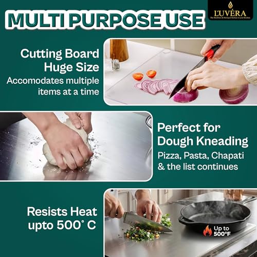 Image of L'UVERA 100% Stainless Steel Kitchen Chopping Board for Cutting Vegetables, Meat & Fruits | Rust-Proof, Odor-Free, Hygienic Food Prep | Durable, Knife-Friendly Surface | Large 36x31 CM