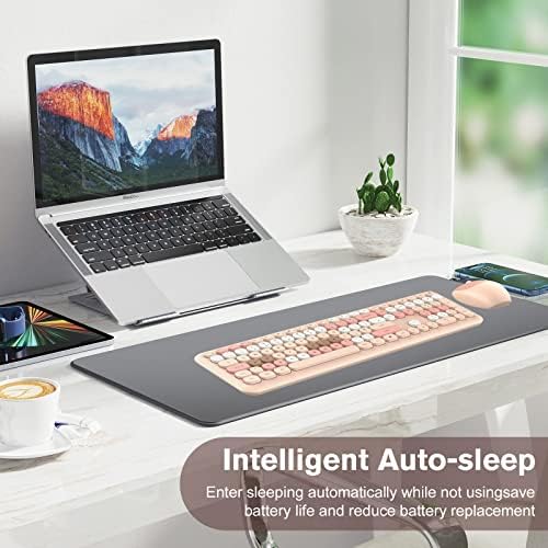 Wireless Keyboard Mouse Combo, PINKCAT QWERTY UK Full Size Ergonomic Keyboard and Mouse Set with Cute Round Keys Design & Stable Connection for Windows PC Laptop Computer (Milk Tea Pink)