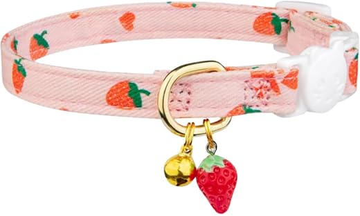 Cybersnc Cotton Breakaway Cat Collar, Pink Strawberries Shaped Pendant, Cute Kitten Cat Collar with Bell (Pink, XS)