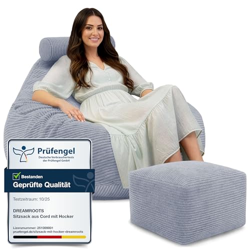 DreamRoots Sitzsack Erwachsene Cord oder Kinder - Bean Bag Sofa - Sitzsack Cord mit Hocker und Bezug - Sitzsäcke mit Füllung 90x90x100 cm Baltic Sea