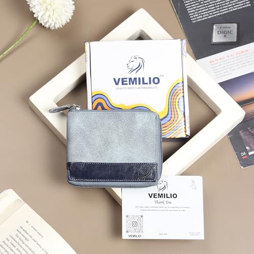 Image of VEMILIO Denim Chain Wallet for Men & Women- Rounded Design with 5 Card Slots | 2 Secret Compartments | 2 Cash Pockets | Zipper Coin Pocket (Blue)