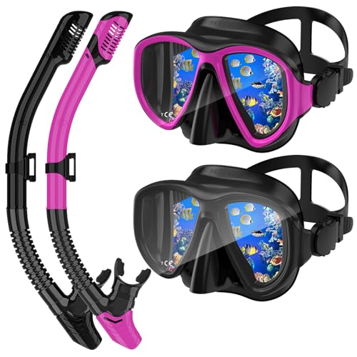 Snorkeling Gear for Adults, Dry Top Snorkel Mask Set 2 Pack Scuba Diving Mask Snorkel Gear Anti Fog Snorkeling Packages Tempered Glass Panoramic View Nose Cover (Black&Pink) -  ACQCES, PW-2S-ADULT-BKPK