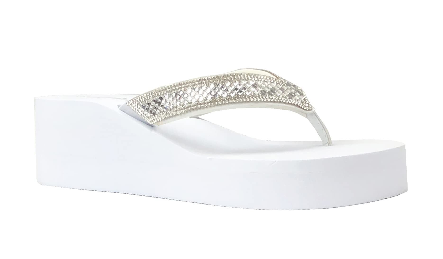 REDVOLUTION New Women's Rhinestone Sandals Platform T-Strap Jewel Sandals High Wedge Flip Flops