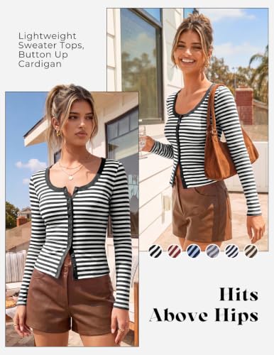 Women Black Cropped Cardigan Fall, Ribbed Long Sleeve Tops, Striped Sweater — view 3