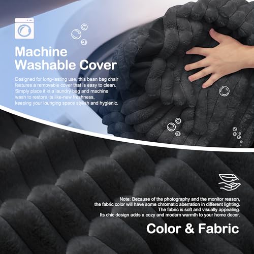Image of 4FT Bean Bag Chair 4'Big Bean Bag Chairs with Adults, Large Beanbag Chair | Bean bag Lounger with Machine Washable Cover Corded Plush Fabric, Comfy Chairs for Living Room Bedroom Dorm, Black
