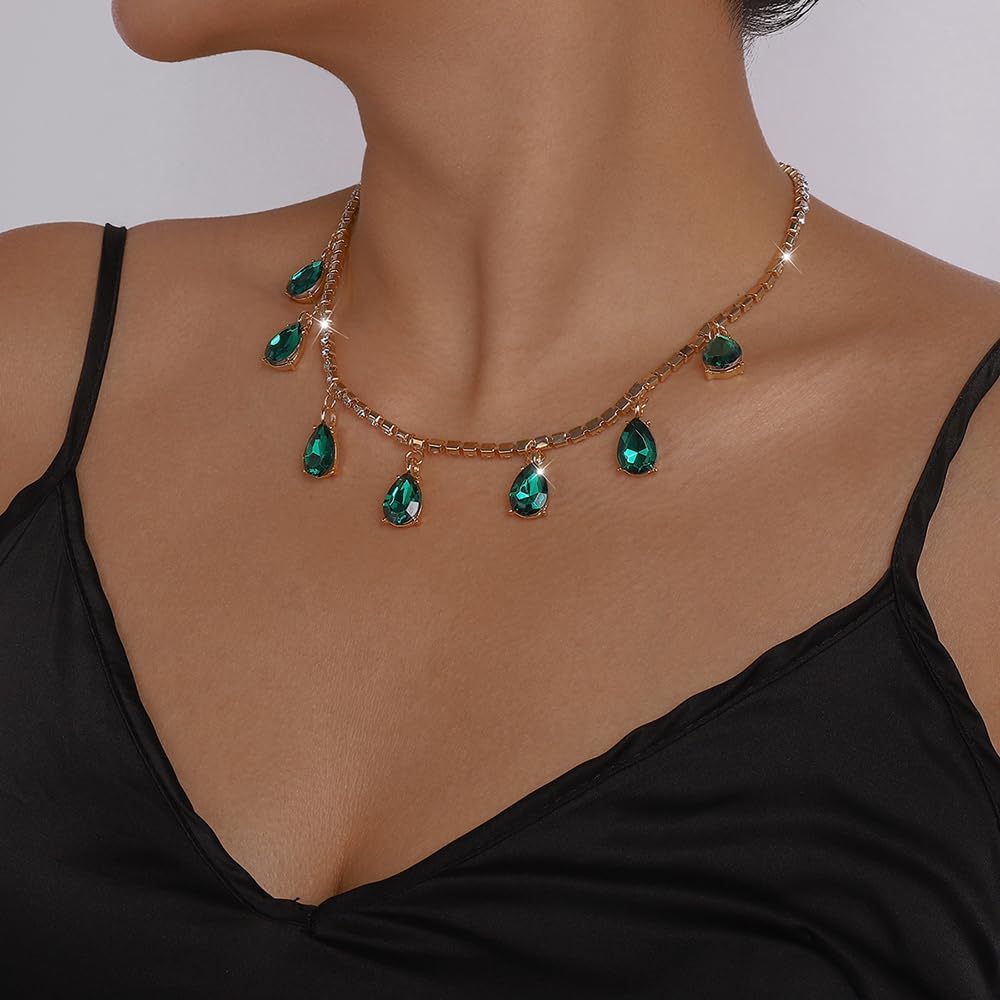 Wiwpar Crystal Green Rhinestone Water Drop Pear-Shaped Pendent Choker Collar Necklace Bridal Teardrop Emerald Neck Chain Statement Necklace Wedding Party Christmas Costume Accessories Gifts for Women - Image 3