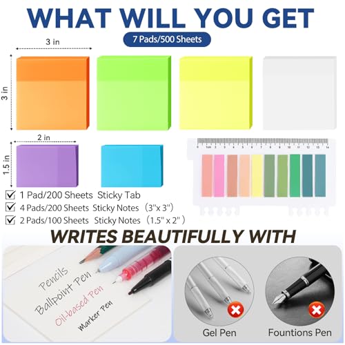 500 Sheets Transparent Sticky Notes with Index Tab, Waterproof & Crystal Clear Sticky Notes Sets, See-Through PET Sticky Note, 5X The Sticking Power Translucent Sticky Note Pad, 7 Pads