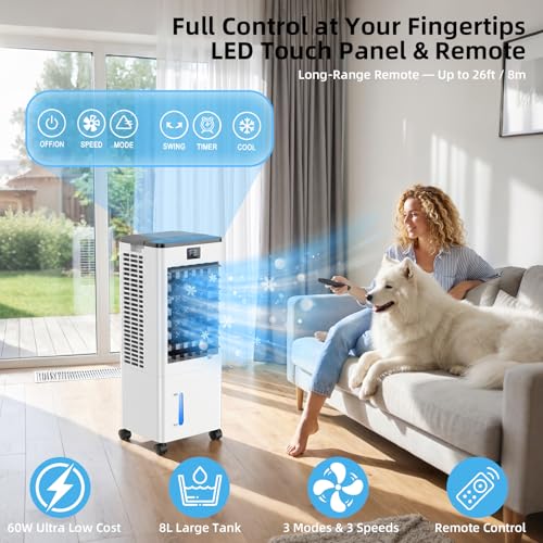 Portable Air Conditioners, Evaporative Air Cooler with Remote & LED Display, 120° Oscillation, 12H Timer, 3 Speeds & 4 Modes, 60W Energy-Efficient, Windowless Swamp Cooler for Bedroom Office Garage by ZEUDRJK - Used condition - Image 6