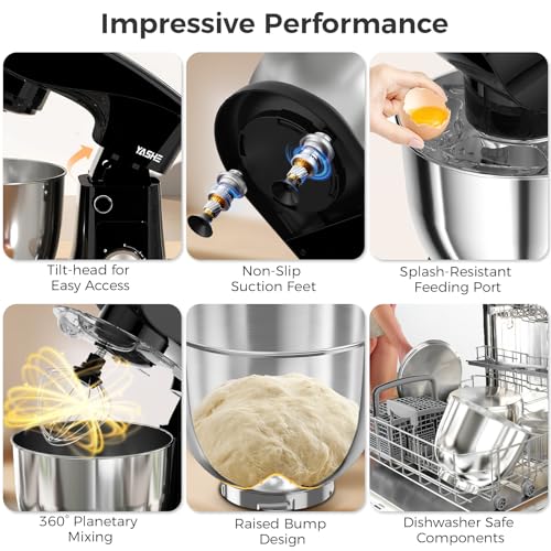 YASHE Stand Mixer, 4.5+5L 1500W Food Mixer for Baking, 10+P Speed Tilt-Head Cake Stand Mixer with Dough Hook, Beater & Whisk, Dishwasher Safe, Black - Image 7