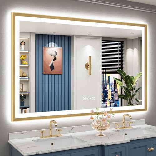 Image of 60x40 Gold Beveled LED Bathroom Mirror Backlit & Front Lit Anti-Fog | Brushed Gold Framed, Anti-Fog Lighted Vanity Mirror, Dimmable, 3-Color Light, Memory, CRI95, HD Tempered Glass, UL Listed